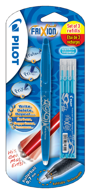Rollerpen PILOT friXion medium lichtblauw blister à 1 stuk + 3 vullingen afbeelding
