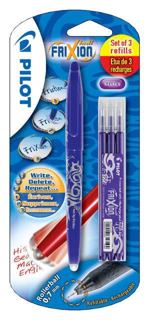 Rollerpen PILOT friXion medium paars blister à 1 stuk + 3 vullingen afbeelding