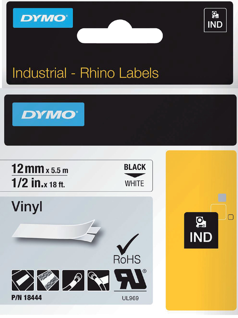 Labeltape Dymo Rhino industrieel vinyl 12mm zwart op wit afbeelding