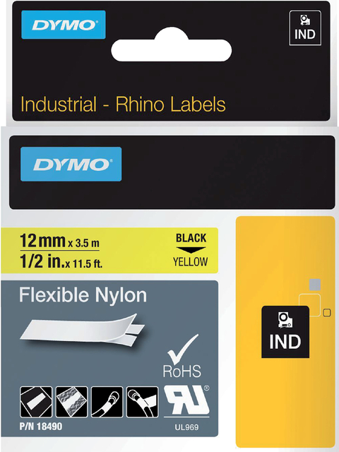 Labeltape Dymo Rhino industrieel nylon 12mm zwart op geel afbeelding