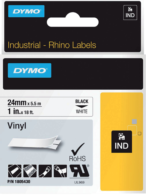 Labeltape Dymo Rhino industrieel vinyl 24mm zwart op wit afbeelding