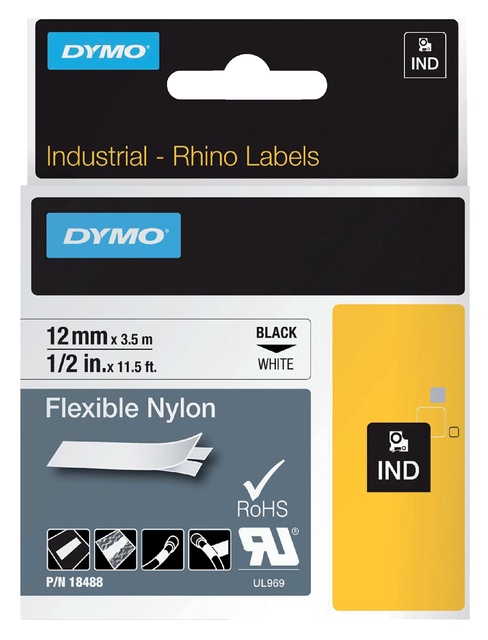 Labeltape Dymo Rhino industrieel nylon 12mm zwart op wit afbeelding