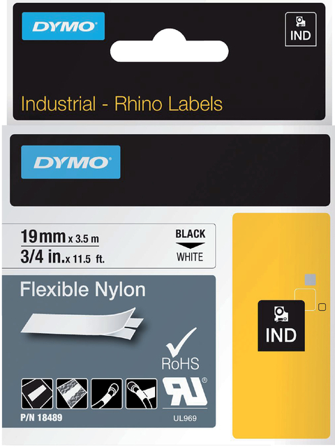 Labeltape Dymo Rhino industrieel nylon 19mm zwart op wit afbeelding