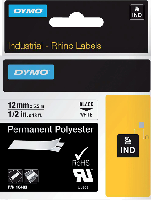 Labeltape Dymo Rhino industrieel polyester 12mm zwart op wit afbeelding