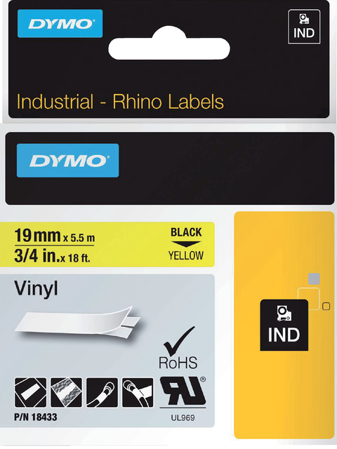 Labeltape Dymo Rhino industrieel vinyl 19mm zwart op geel afbeelding