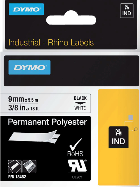 Labeltape Dymo Rhino industrieel polyester 9mm zwart op wit afbeelding