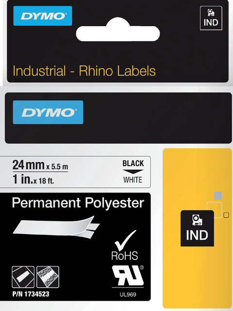 Labeltape Dymo Rhino industrieel polyester 24mm zwart op wit afbeelding