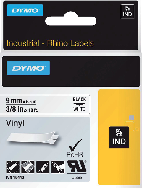 Labeltape Dymo Rhino industrieel vinyl 9mm zwart op wit afbeelding