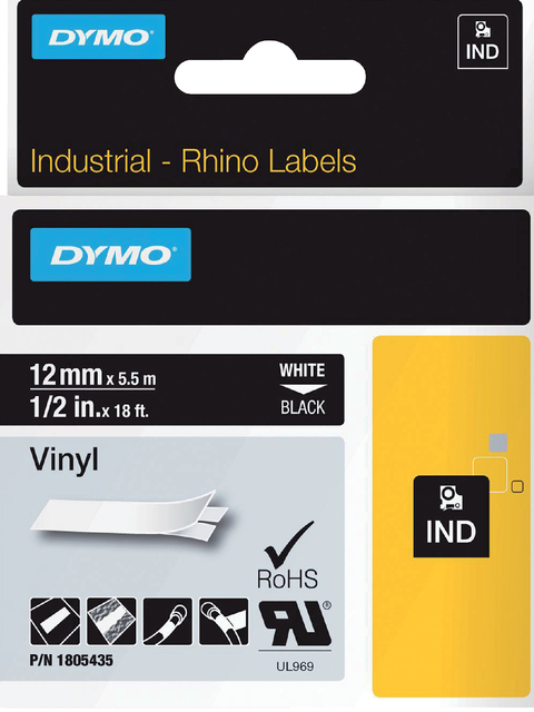 Labeltape Dymo Rhino industrieel vinyl 12mm wit op zwart afbeelding