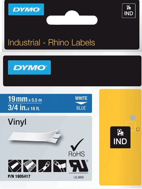 Labeltape Dymo Rhino industrieel vinyl 19mm wit op blauw afbeelding