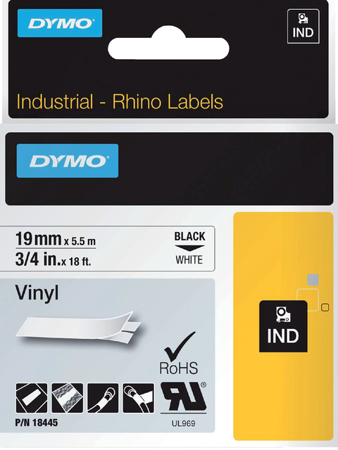 Labeltape Dymo Rhino industrieel vinyl 19mm zwart op wit afbeelding