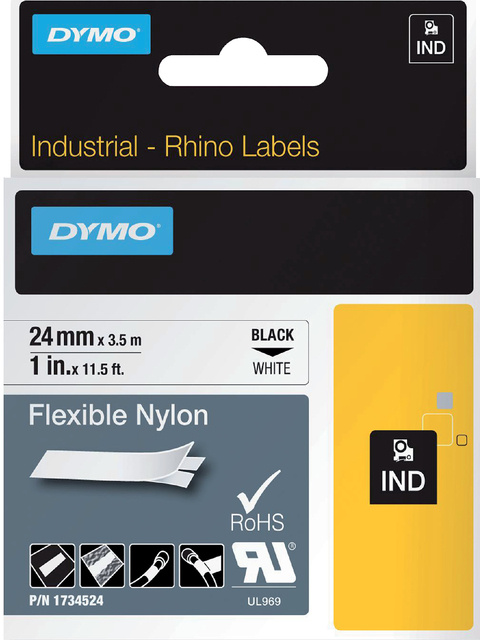 Labeltape Dymo Rhino industrieel nylon 24mm zwart op wit afbeelding