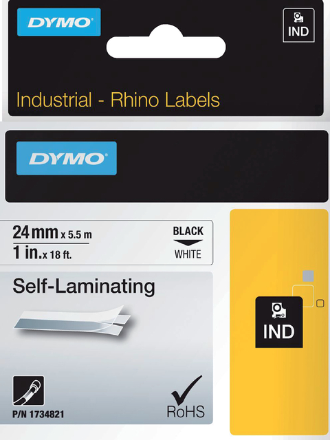 Labeltape Dymo Rhino industrieel zelflaminerend 24mm zwart op wit afbeelding