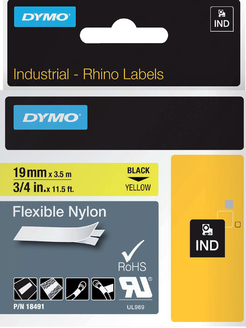 Labeltape Dymo Rhino industrieel nylon 19mm zwart op geel afbeelding