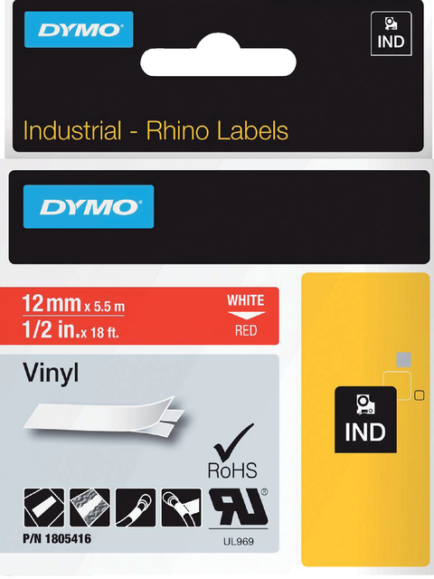 Labeltape Dymo Rhino industrieel vinyl 12mm wit op rood afbeelding