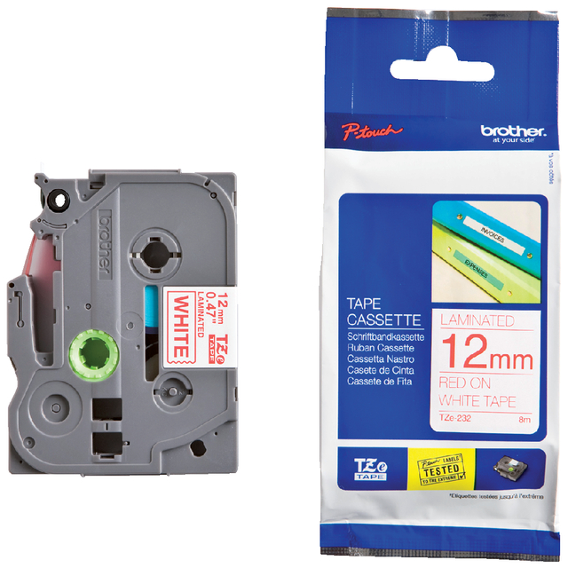 Labeltape Brother P-touch TZe-232 standaard 12mm rood op wit afbeelding
