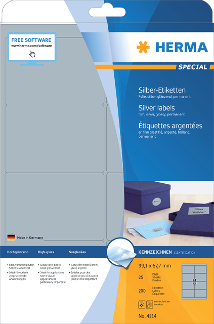 Etiket HERMA 4114 99.1X67.7mm zilver 200 etiketten afbeelding