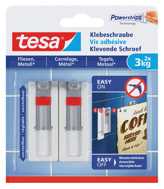 Klevende schroef tesa® tegels & metaal 3kg verstelbaar wit 2 stuks afbeelding