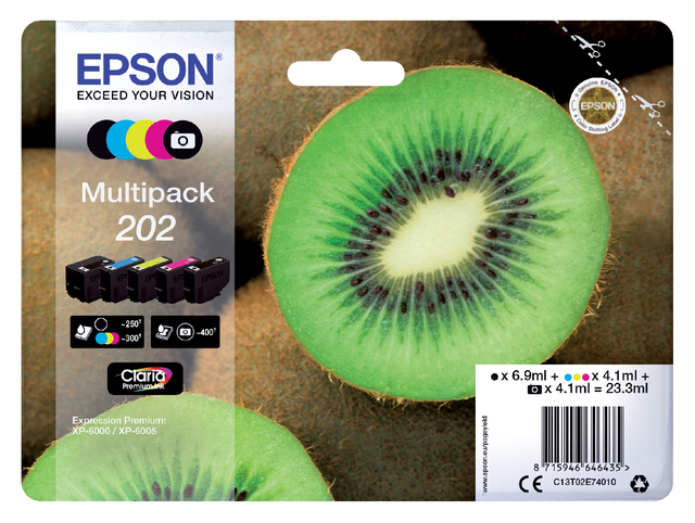 Inktcartridge Epson 202 T02E74 zwart + 3 kleuren + foto zwart afbeelding