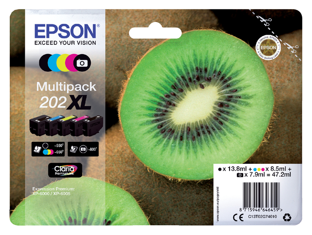 Inktcartridge Epson 202XL T02G74 zwart + 3 kleuren + foto zwart afbeelding