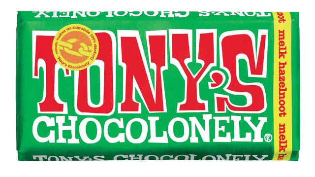 Chocolade Tony&apos;s Chocolonely melk hazelnoot reep 180gr afbeelding