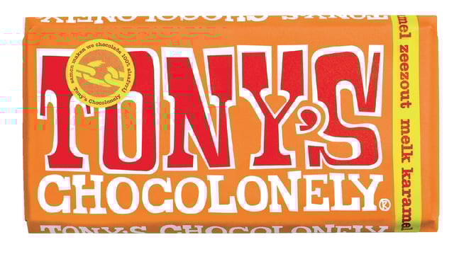 Chocolade Tony&apos;s Chocolonely melk karamel zeezout reep 180gr afbeelding