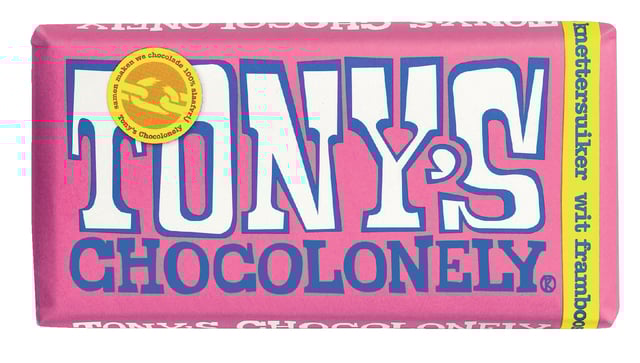Chocolade Tony&apos;s Chocolonely wit framboos knettersuiker reep 180gr afbeelding