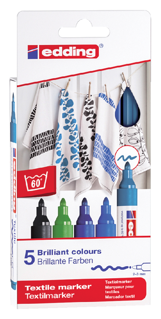 Viltstift edding 4500 textiel rond 2-3mm koel assorti blister a1 5 stuks afbeelding