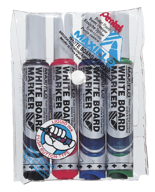 Viltstift Pentel MWL5M Maxiflo whiteboard rond 3mm assorti set à 4 stuks afbeelding