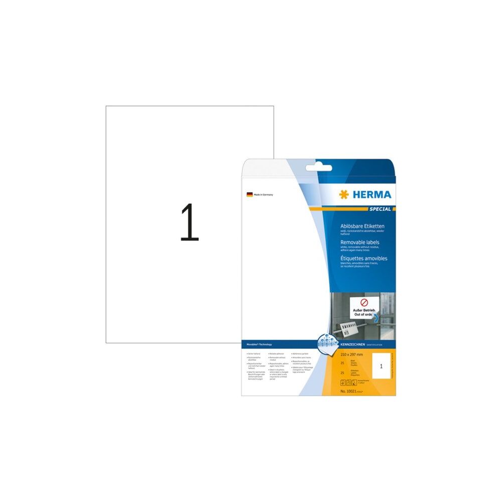 Etiket HERMA 10021 210x297mm A4 verwijderbaar wit 25 stuks