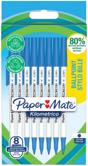 Balpen Paper Mate Kilometrico Recycled medium blauw blister à 8 stuks afbeelding