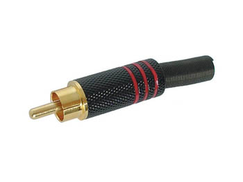 MANNELIJKE RCA PLUG - VERGULDE STEKKER - ZWARTE METALEN BEHUIZING - ROOD afbeelding