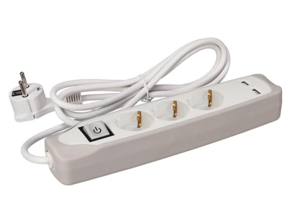 Velleman 3-VOUDIGE STEKKERDOOS MET SCHAKELAAR 2 USB-POORTEN 1.5 m KABEL GRIJS WIT RANDAARDE