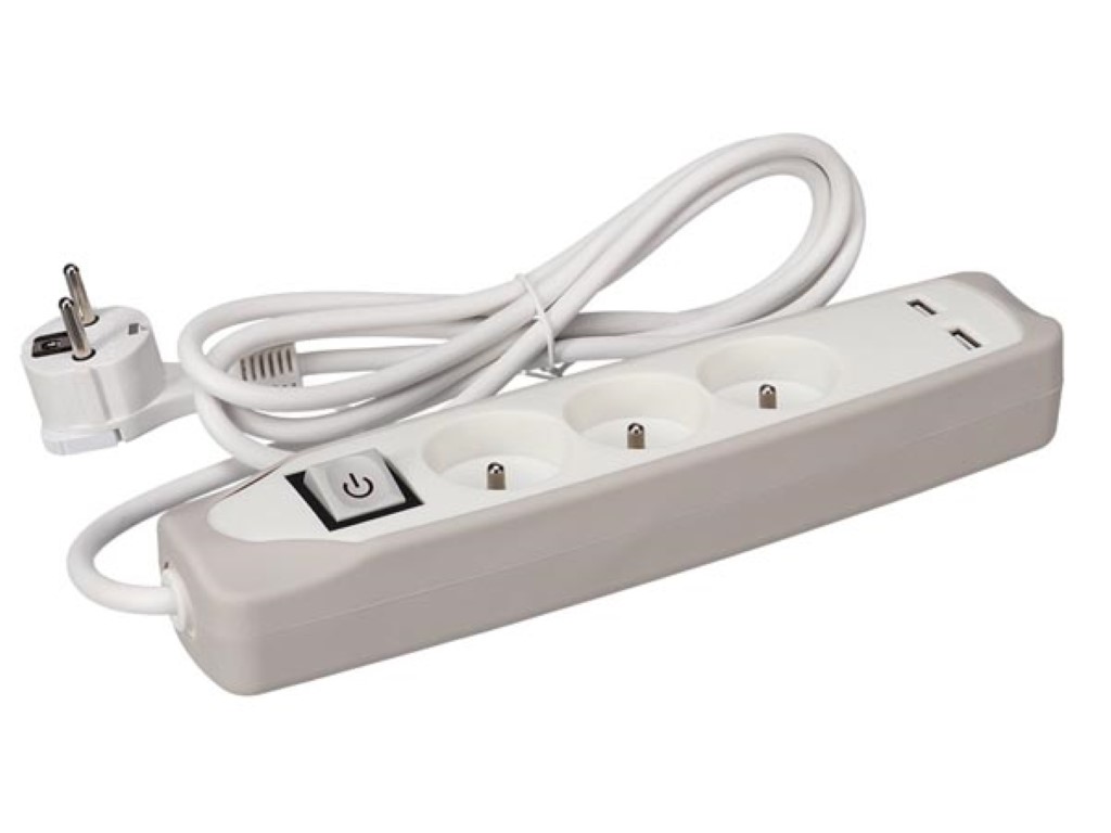 Velleman 3-VOUDIGE STEKKERDOOS MET SCHAKELAAR 2 USB-POORTEN GRIJS WIT 1.5 m KABEL PENAARDE