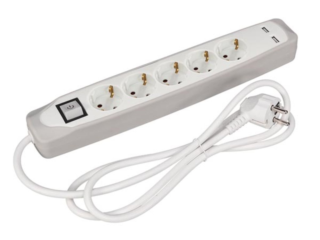 Velleman 5-VOUDIGE STEKKERDOOS MET SCHAKELAAR 2 USB-POORTEN 1.5 m KABEL GRIJS WIT RANDAARDE