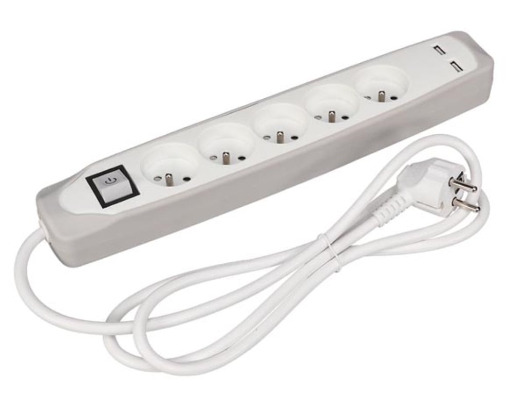 Velleman 5-VOUDIGE STEKKERDOOS MET SCHAKELAAR 2 USB-POORTEN GRIJS WIT PENAARDE