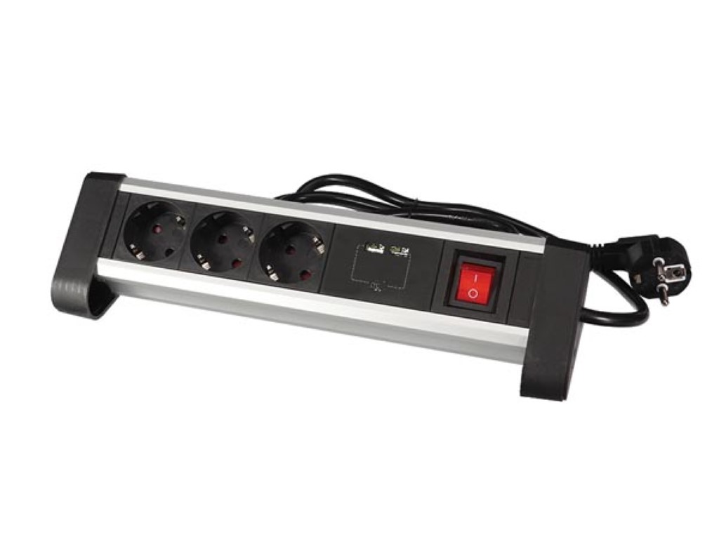 3-VOUDIGE DESKTOP-STEKKERDOOS MET 2 USB-POORTEN - 2.4 A - RANDAARDE afbeelding