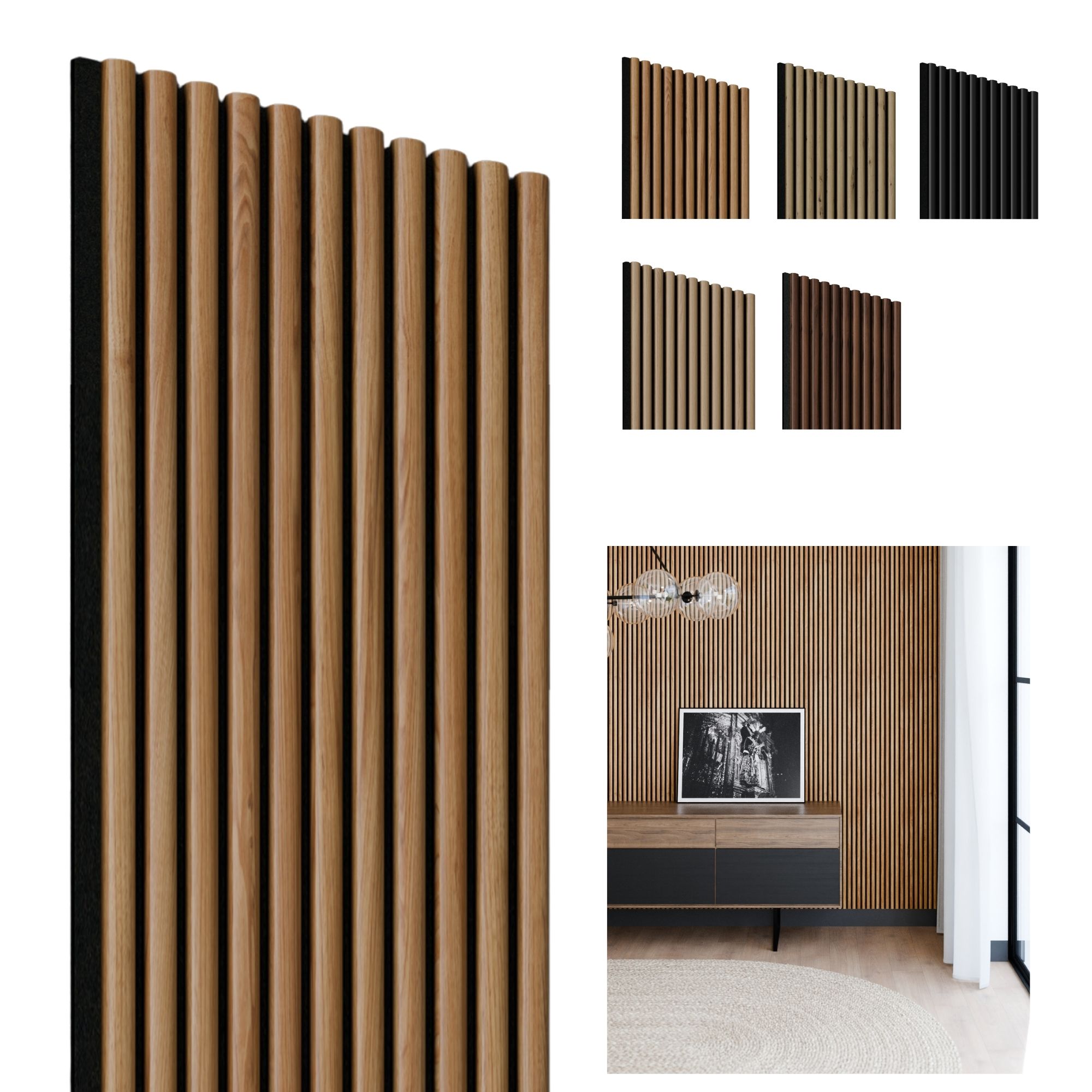 Akoestisch wandpaneel Acacia walnoot-zwart, 1250 x 300mm, 11 lamellen 10 x 20mm, vilt 8mm (4st)