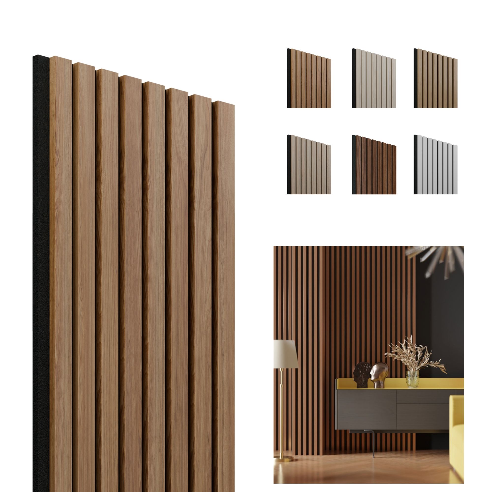 Akoestisch wandpaneel Acacia walnoot-zwart, 1250 x 300mm, 8 lamellen 10 x 27mm, vilt 8mm (4st) afbeelding