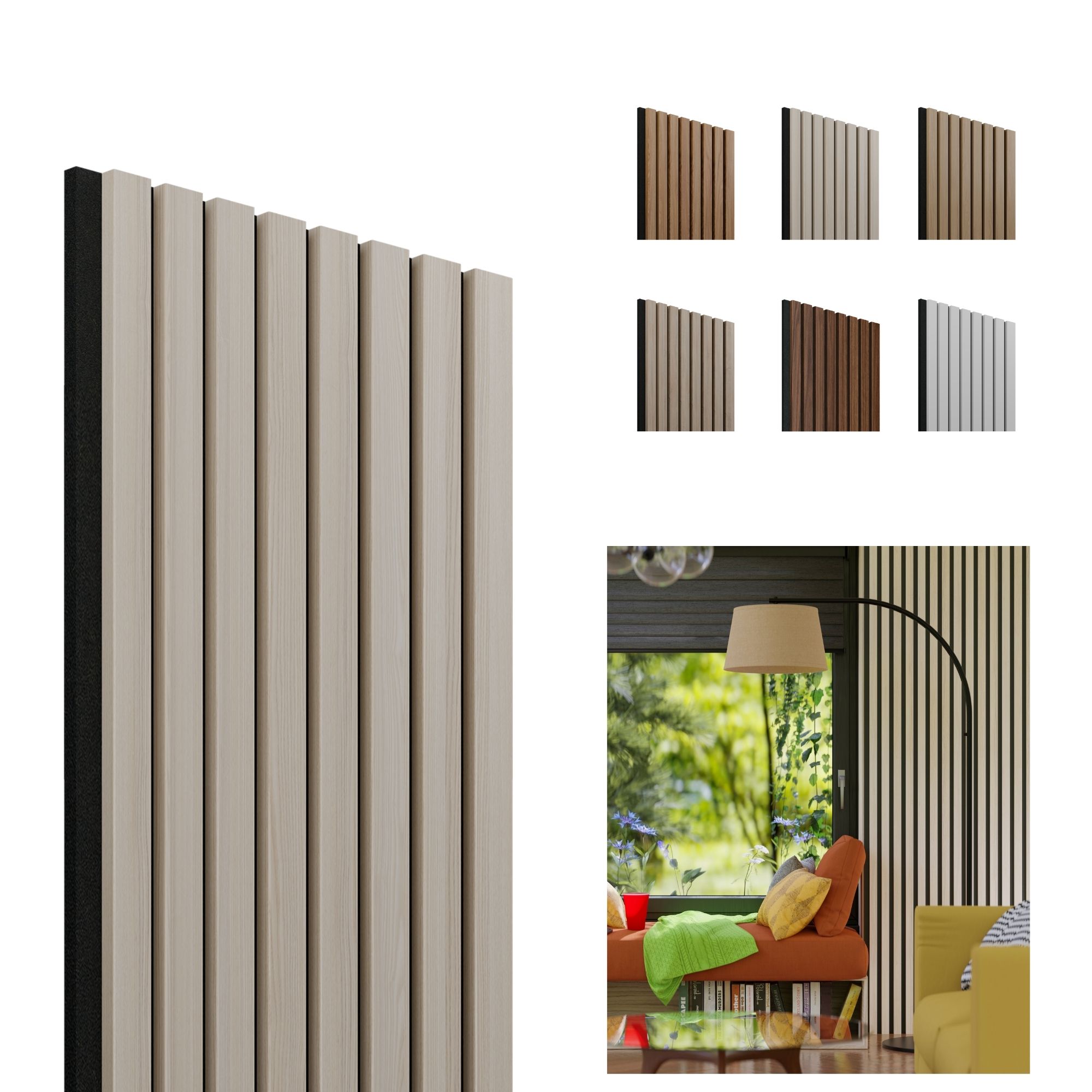 Akoestisch wandpaneel Ash-zwart, 1250 x 300mm, 8 lamel 10 x 27mm, vilt 8mm (4st) afbeelding