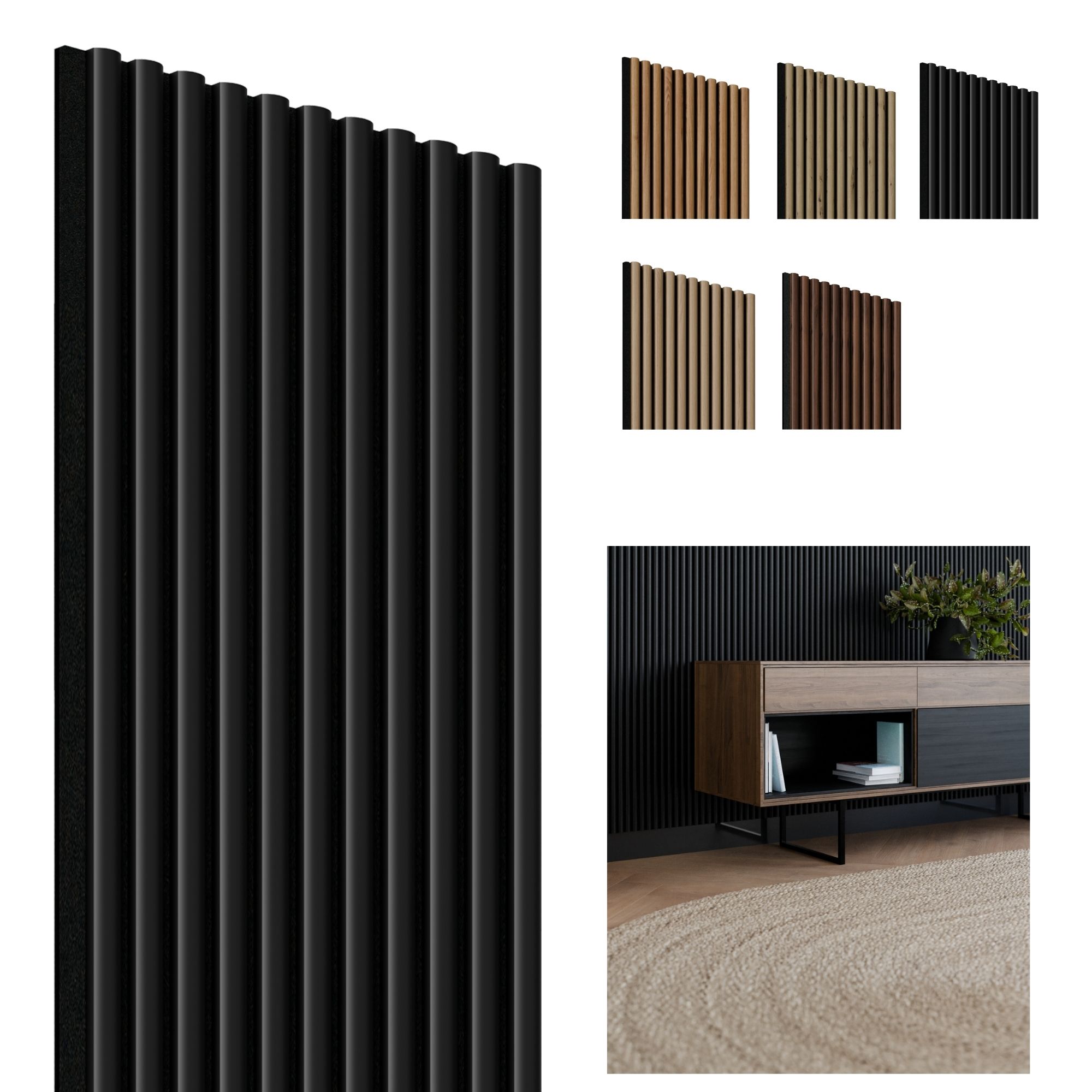 Akoestisch wandpaneel Zwart-Zwart, 1250 x 300mm, 11 lamel 10 x 20mm, vilt 8mm (4st) afbeelding