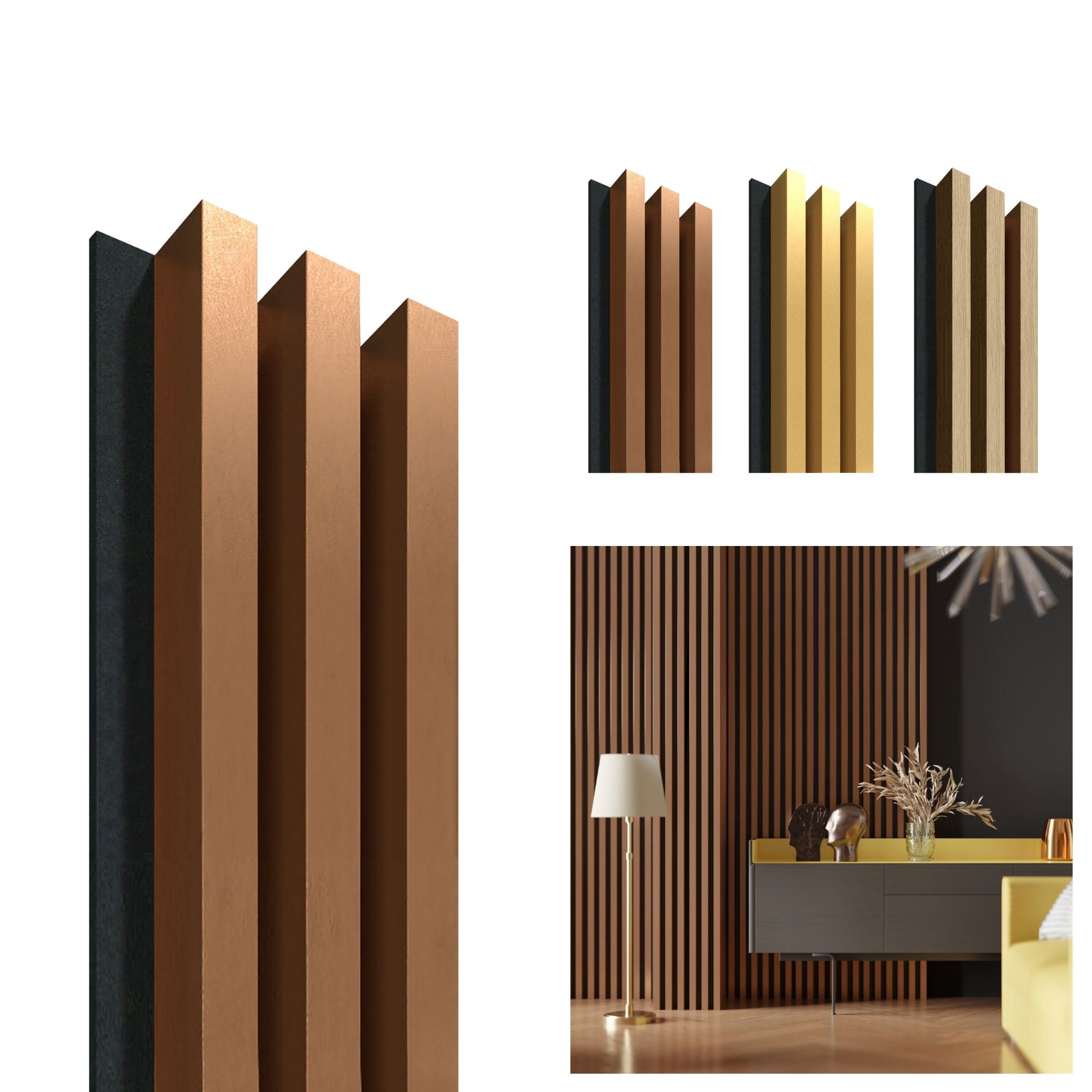 Akoestisch wandpaneel Koper-Zwart, 1250 x 172mm, 4 lamellen 20 x 30mm, vilt 8mm (4st) afbeelding