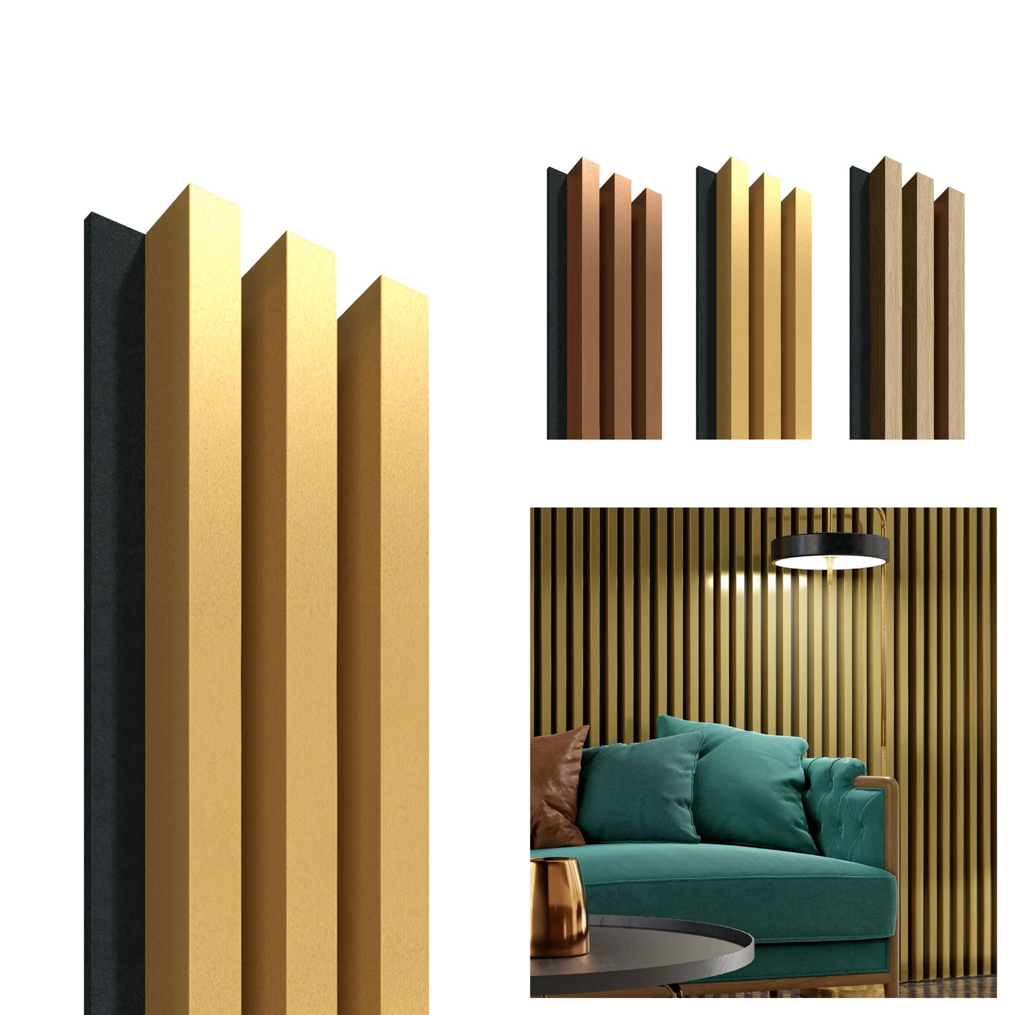 Akoestisch wandpaneel Goud-Zwart, 1250 x 131mm, 3 lamellen 10 x 27mm, vilt 8mm (4st)