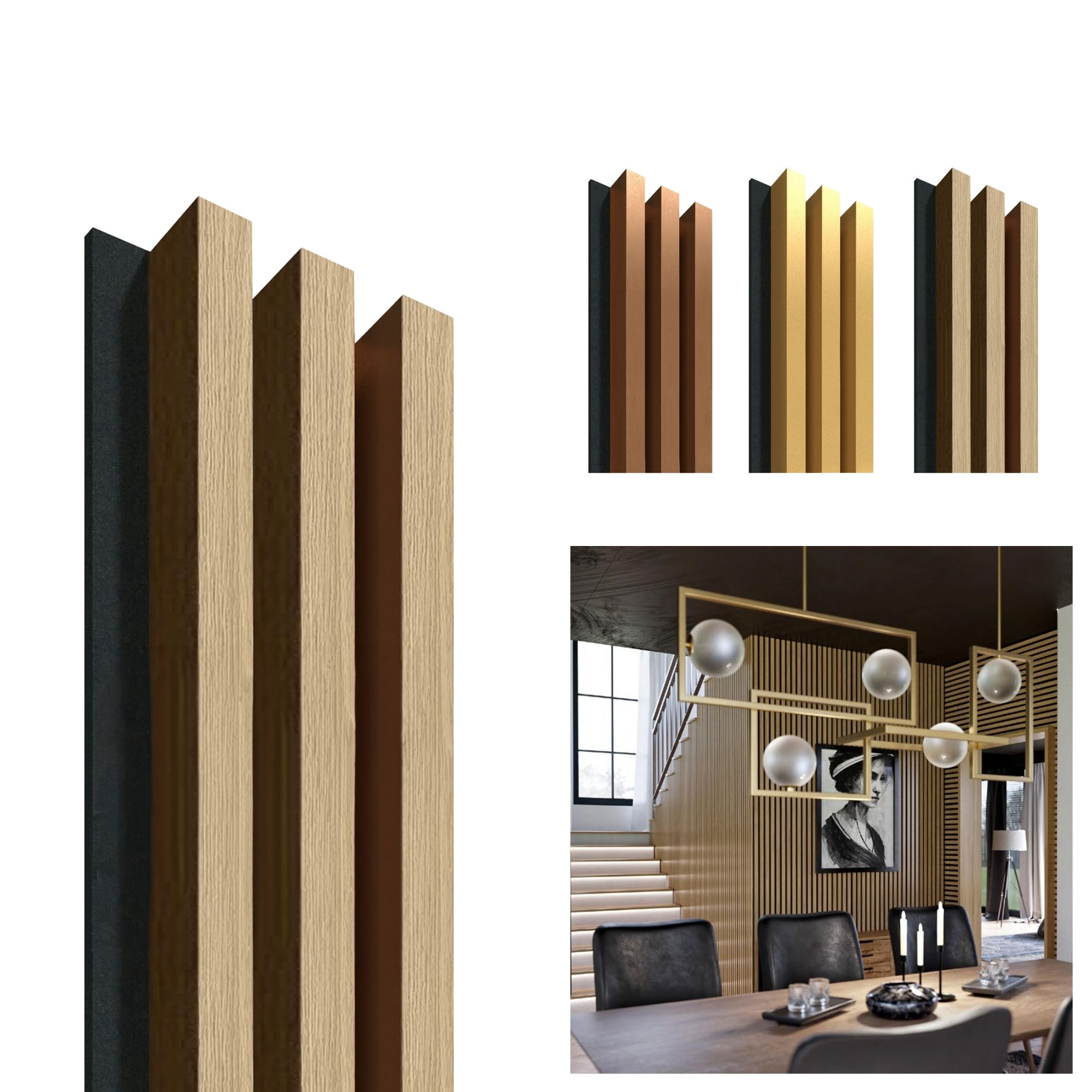 Akoestisch wandpaneel Eik-Zwart, 1250 x 131mm, 3 lamellen 10 x 27mm, vilt 8mm (4st) afbeelding