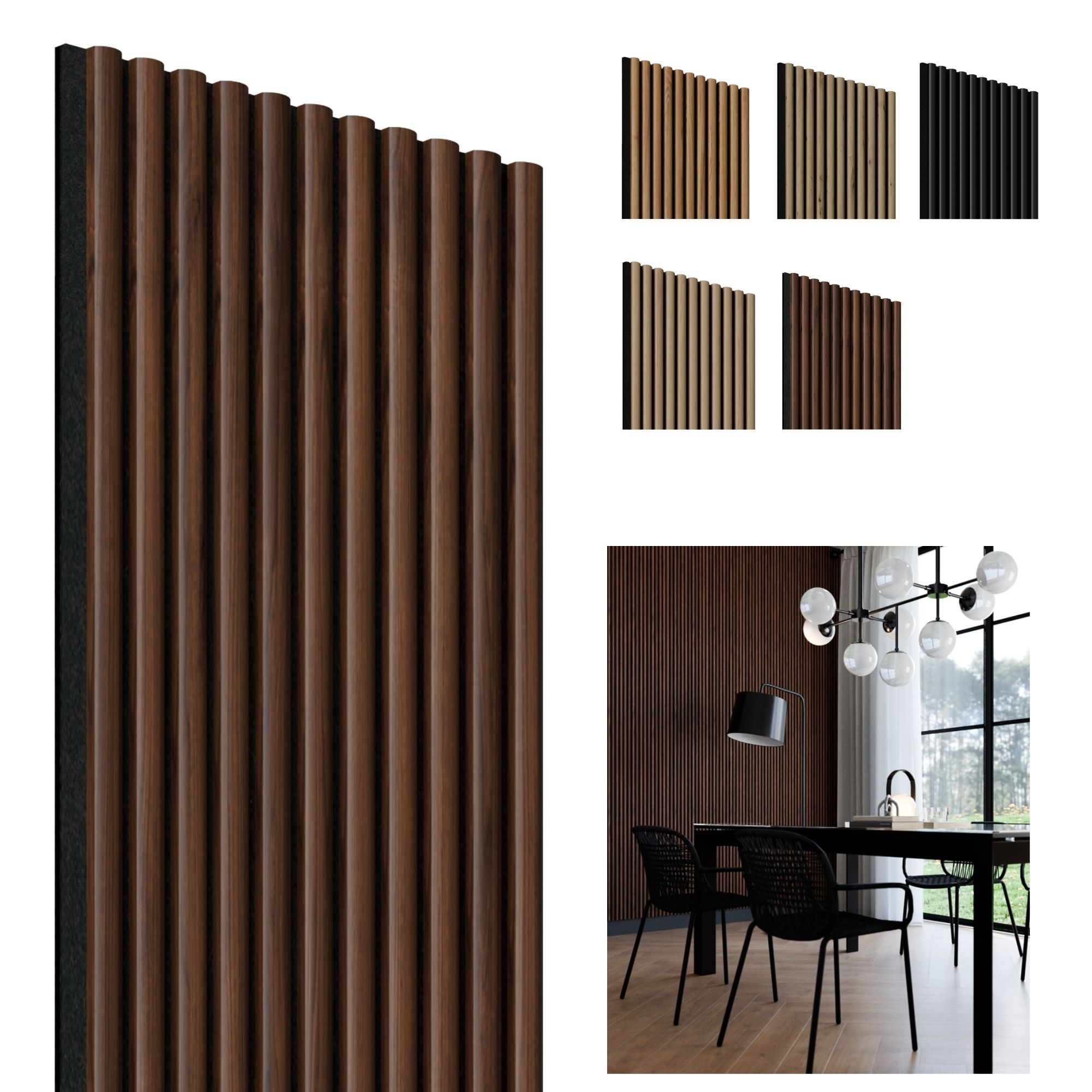 Akoestisch wandpaneel Walnoot-Zwart, 1250 x 300mm, 11 lamel 10 x 20mm, vilt 8mm (4st) afbeelding