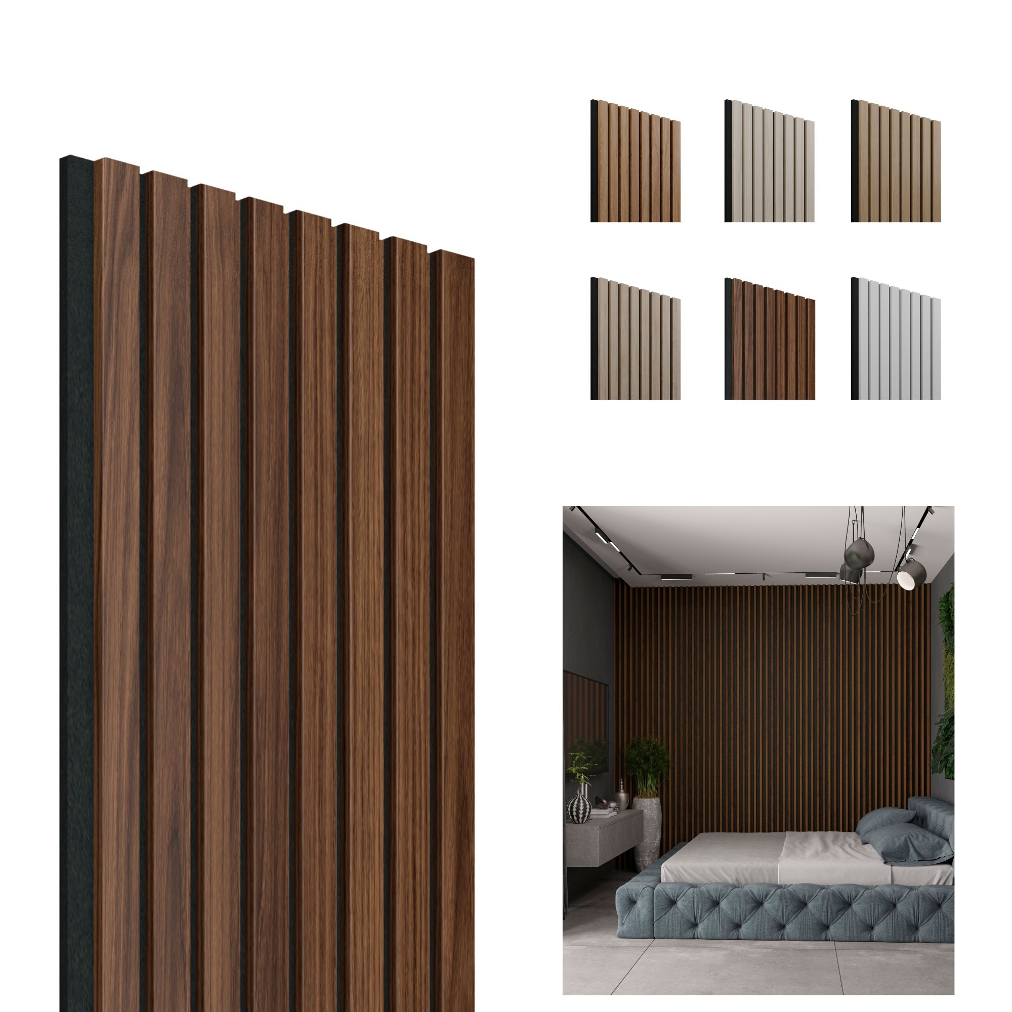 Akoestisch wandpaneel Walnoot-Zwart, 1250 x 300mm, 8 lamel 10 x 27mm, vilt 8mm (4st) afbeelding