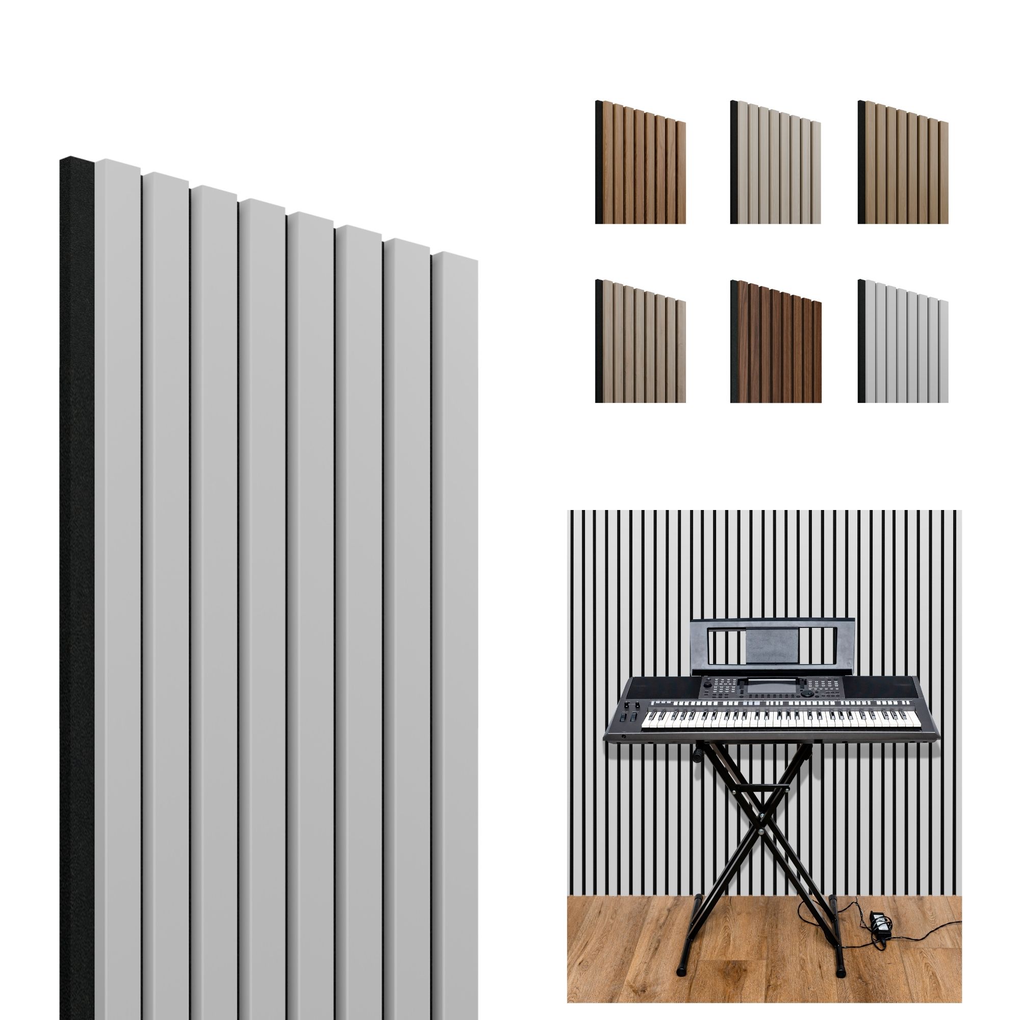 Akoestisch wandpaneel Wit-Zwart, 1250 x 300mm, 8 lamel 10 x 27mm, vilt 8mm (4st) afbeelding