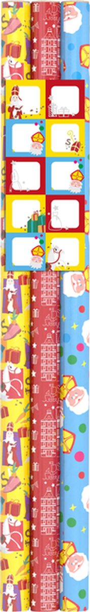 Inpakpapier sint 200x70cm set à 3 rollen + stickervel met 10 etiketten assorti afbeelding