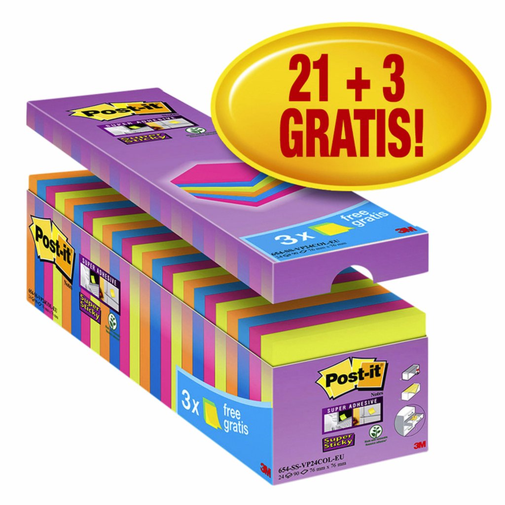 Memoblok Post-it 654 Super Sticky 76x76mm 21+3 gratis assorti afbeelding