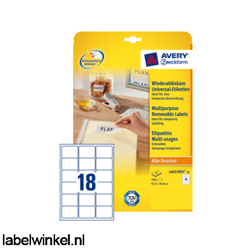 Etiket Avery L6025REV-25 63.5x46.6mm afneembaar wit 450stuks afbeelding